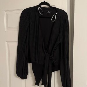 Lulu's Elegant Black Tie-Front Bodysuit Blouse